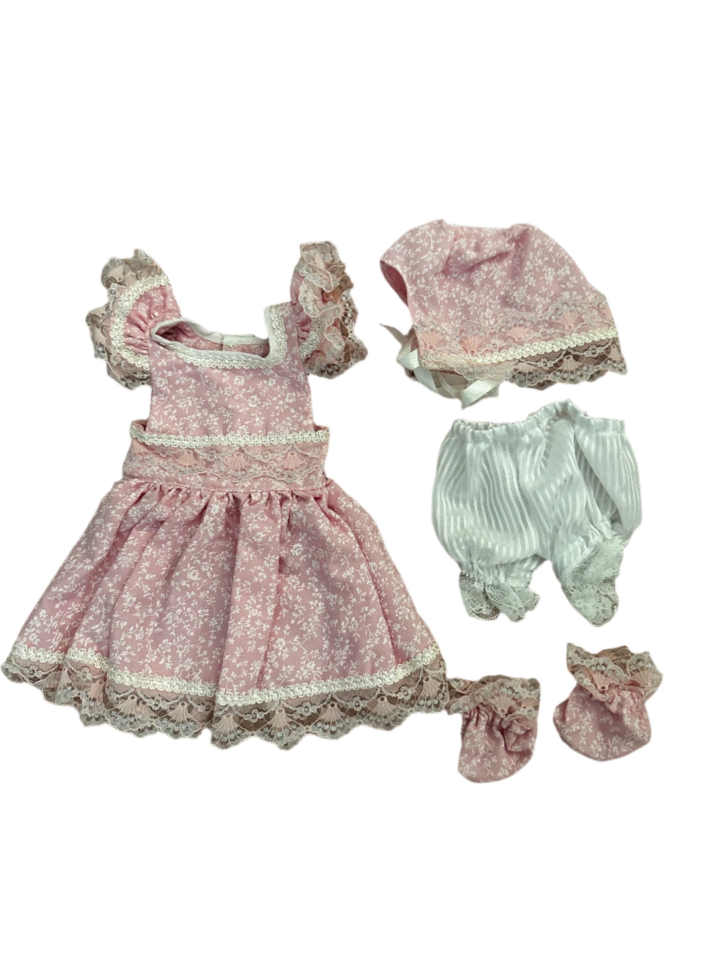 Vintage Pink Lace Dress Set With White Flowers - 4 Pieces