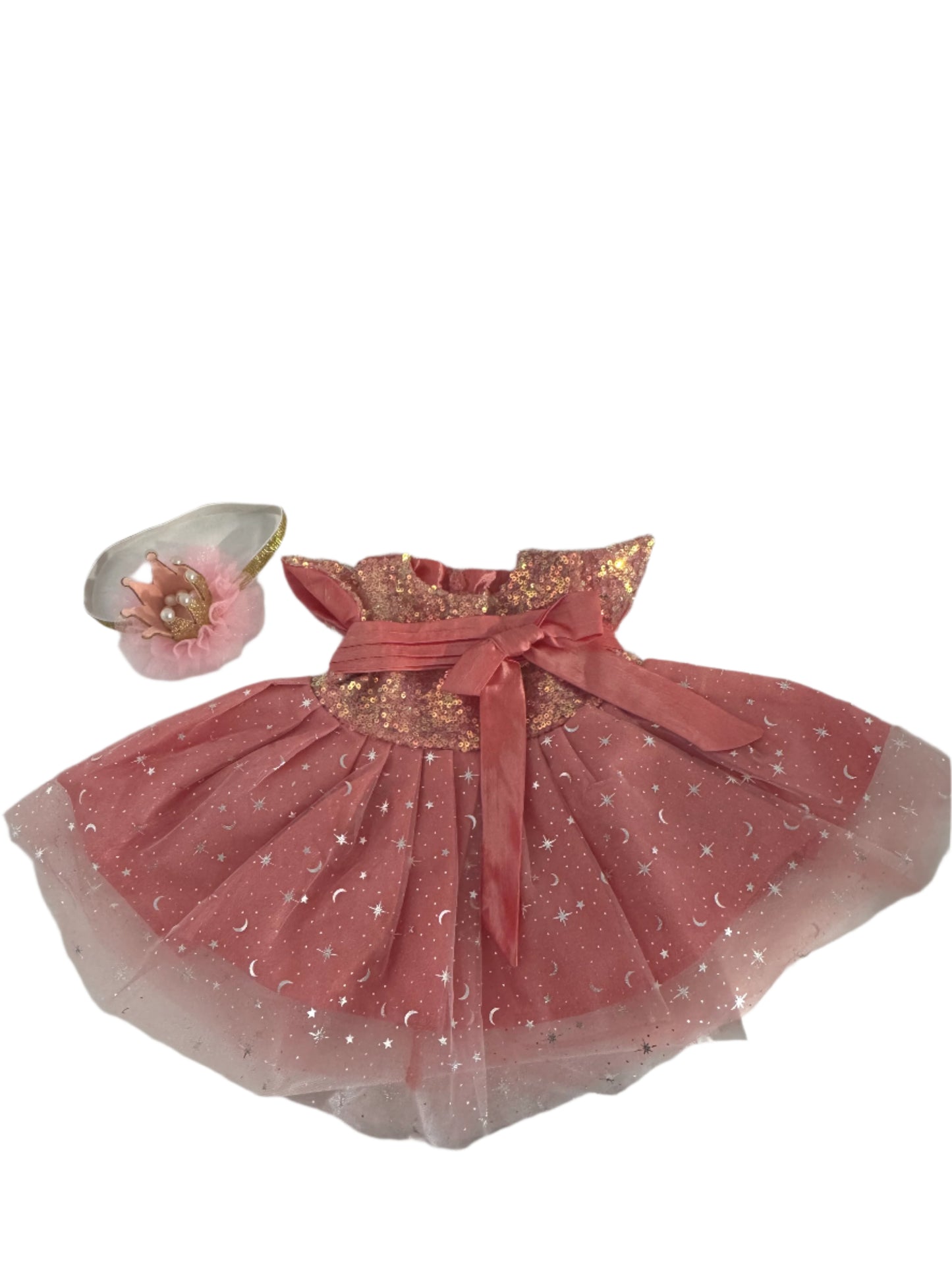 Coral Sequin & Silver Star Party Dress & Crown