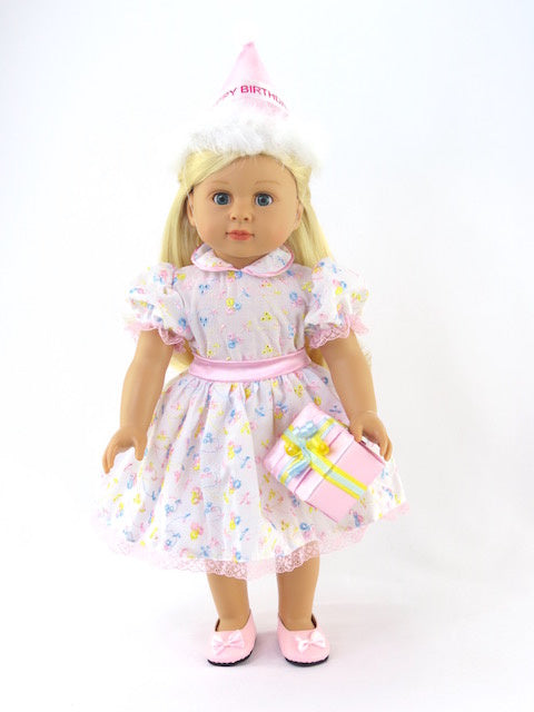 Dolls Birthday Party Dress, Hat & Present