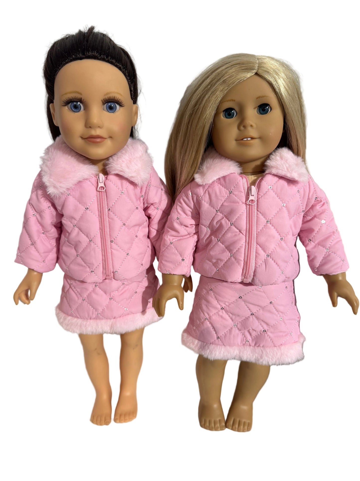 Cozy Chic Pink Quilted Jacket & Skirt Set with Faux Fur Trim - 2 Piece Set