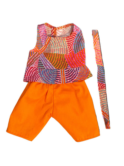 Indigenous Multicoloured Pattern Frilled Top, Orange Pants & Matching Hair Tie - 3 Piece Set