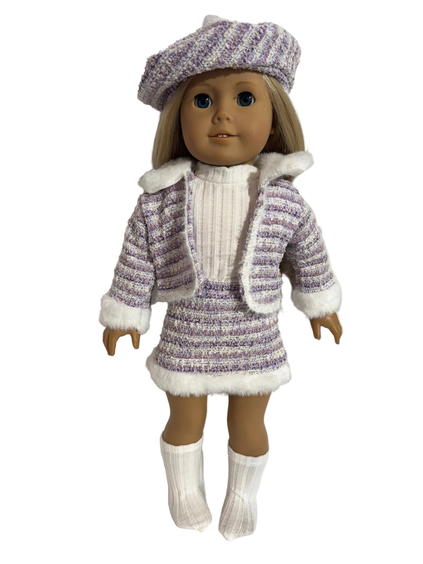 Chic Tweed Skirt, Jacket & Sock Set with Beret - 4 Piece Set