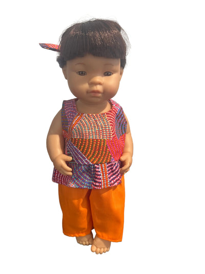 Indigenous Multicoloured Pattern Frilled Top, Orange Pants & Matching Hair Tie - 3 Piece Set