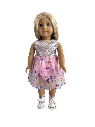 Silver Shimmer & Pink Butterfly Tulle Dress