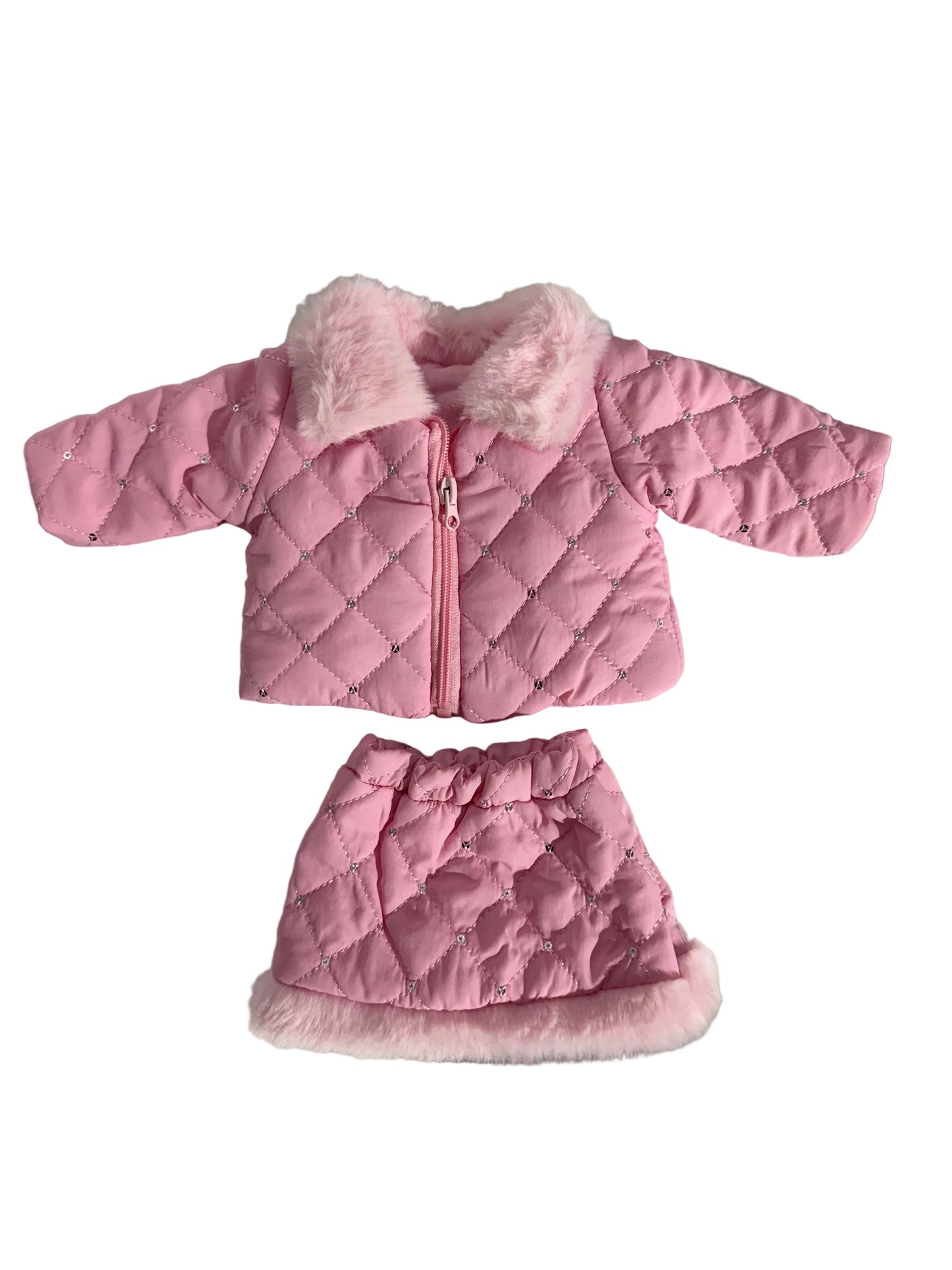 Cozy Chic Pink Quilted Jacket & Skirt Set with Faux Fur Trim - 2 Piece Set