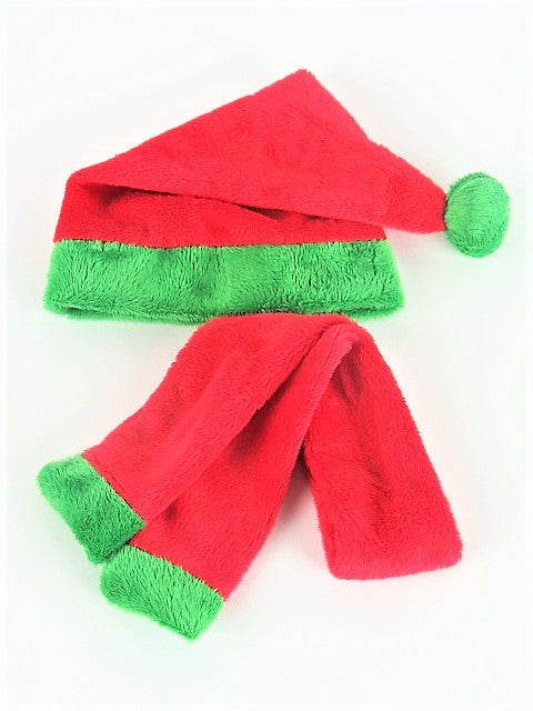 Red Christmas Hat & Scarf with Green Trim - 2 Piece Set
