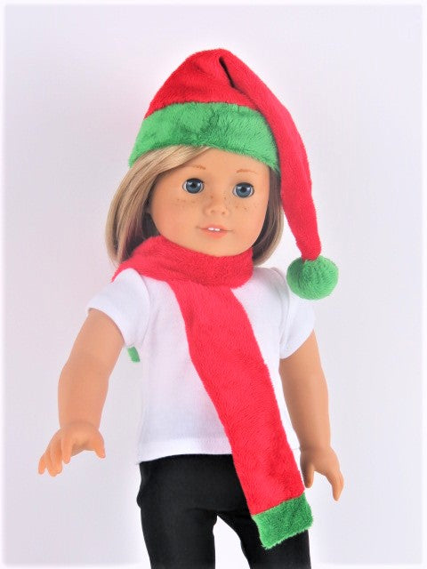 Red Christmas Hat & Scarf with Green Trim - 2 Piece Set